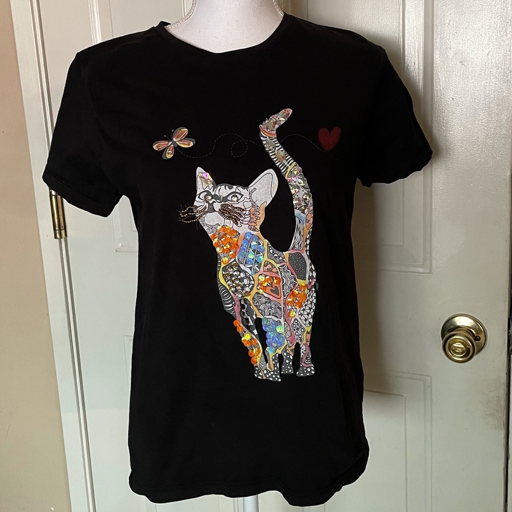 Tiffany & Tomato Black Tee with Embellished Cat
